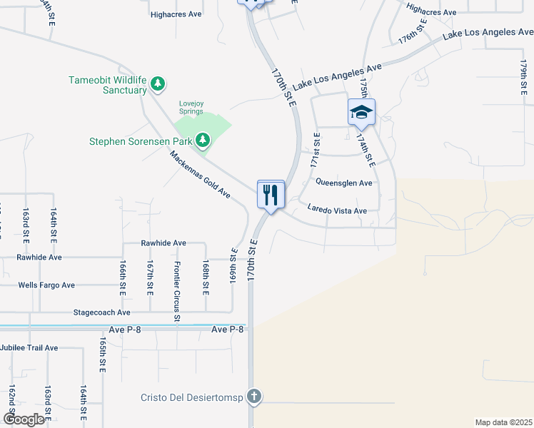 map of restaurants, bars, coffee shops, grocery stores, and more near 170th Street East in Palmdale