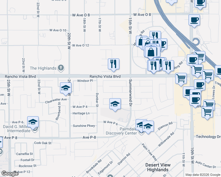 map of restaurants, bars, coffee shops, grocery stores, and more near 1616 Kings Road in Palmdale