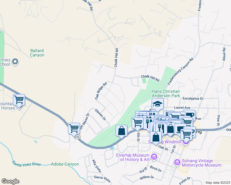 map of restaurants, bars, coffee shops, grocery stores, and more near 1236 Hans Park Trail in Solvang