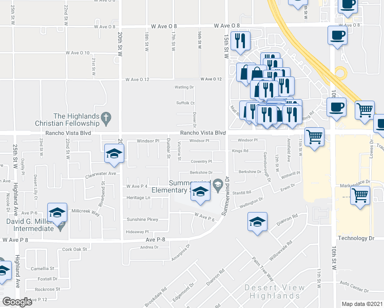 map of restaurants, bars, coffee shops, grocery stores, and more near 1616 Kings Road in Palmdale