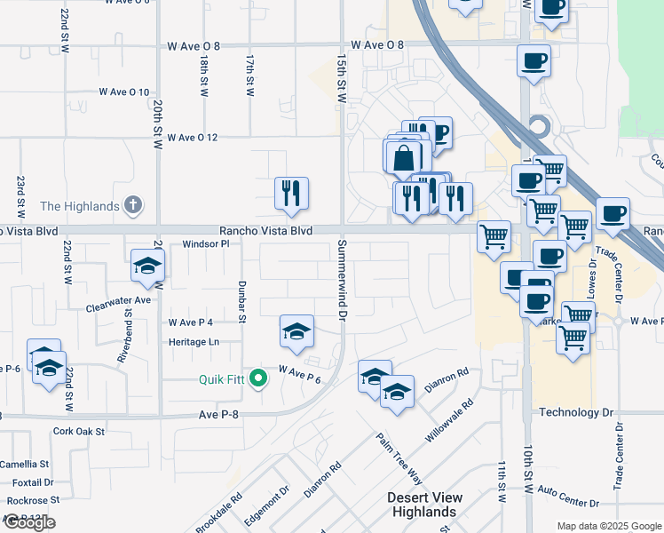 map of restaurants, bars, coffee shops, grocery stores, and more near 1512 Kings Road in Palmdale