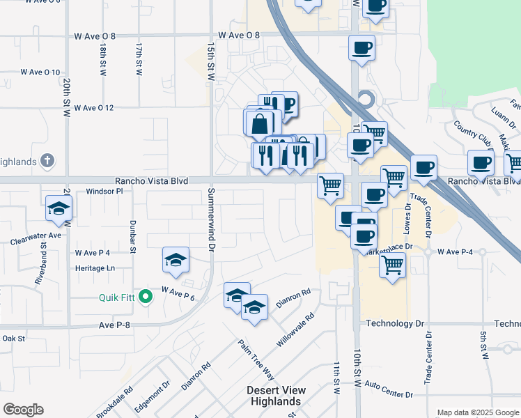 map of restaurants, bars, coffee shops, grocery stores, and more near 1232 Kings Road in Palmdale