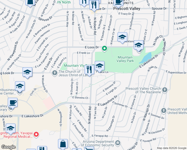 map of restaurants, bars, coffee shops, grocery stores, and more near 8200 East Dana Drive in Prescott Valley