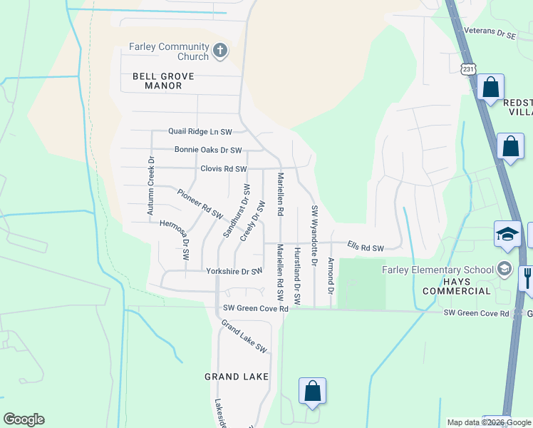 map of restaurants, bars, coffee shops, grocery stores, and more near 13920 Mariellen Road Southwest in Huntsville
