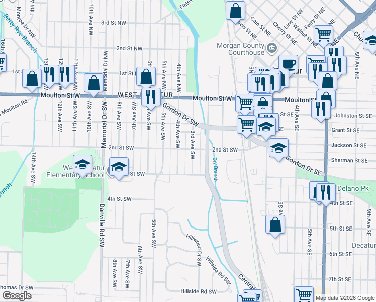 map of restaurants, bars, coffee shops, grocery stores, and more near 424 4th Avenue Southwest in Decatur