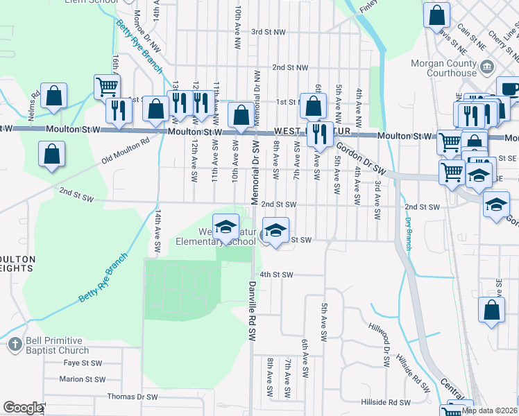map of restaurants, bars, coffee shops, grocery stores, and more near 602 Memorial Drive Southwest in Decatur