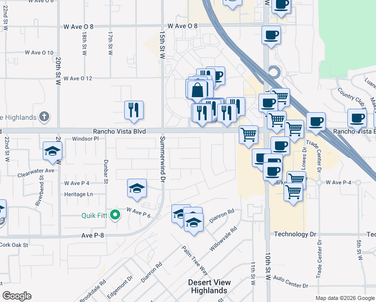 map of restaurants, bars, coffee shops, grocery stores, and more near 1304 Kings Road in Palmdale