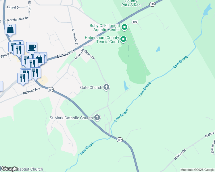 map of restaurants, bars, coffee shops, grocery stores, and more near 600-640 Roper Drive in Clarkesville