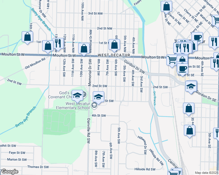 map of restaurants, bars, coffee shops, grocery stores, and more near 423 6th Avenue Southwest in Decatur