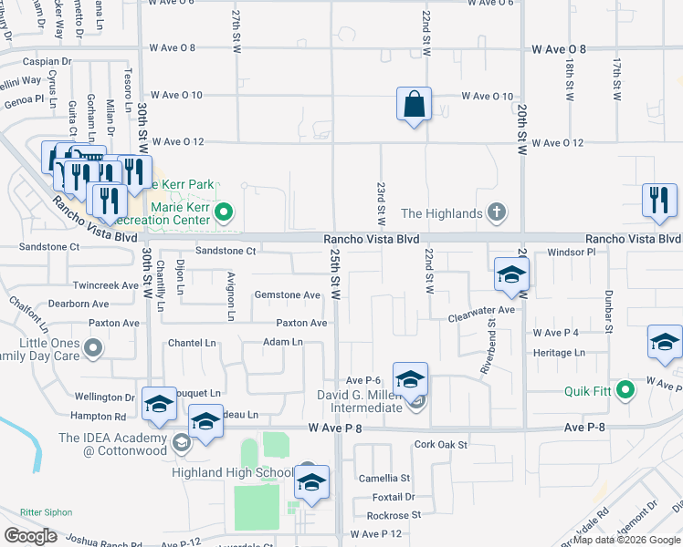 map of restaurants, bars, coffee shops, grocery stores, and more near 39513 Daylily Place in Palmdale