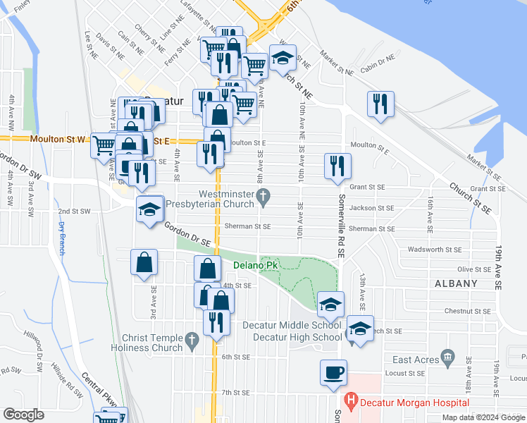 map of restaurants, bars, coffee shops, grocery stores, and more near 801 Jackson Street Southeast in Decatur
