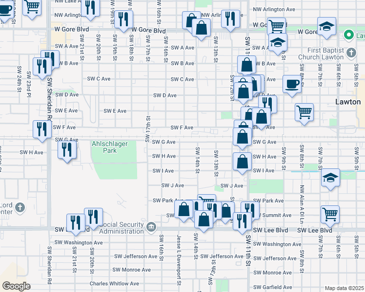 map of restaurants, bars, coffee shops, grocery stores, and more near 706 Southwest 15th Street in Lawton