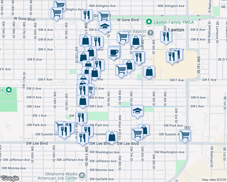 map of restaurants, bars, coffee shops, grocery stores, and more near 816 Southwest G Avenue in Lawton