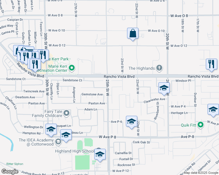 map of restaurants, bars, coffee shops, grocery stores, and more near 39513 Daylily Place in Palmdale