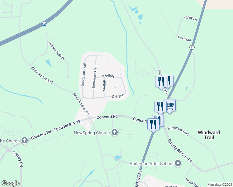 map of restaurants, bars, coffee shops, grocery stores, and more near 215 Dandelion Trail in Anderson