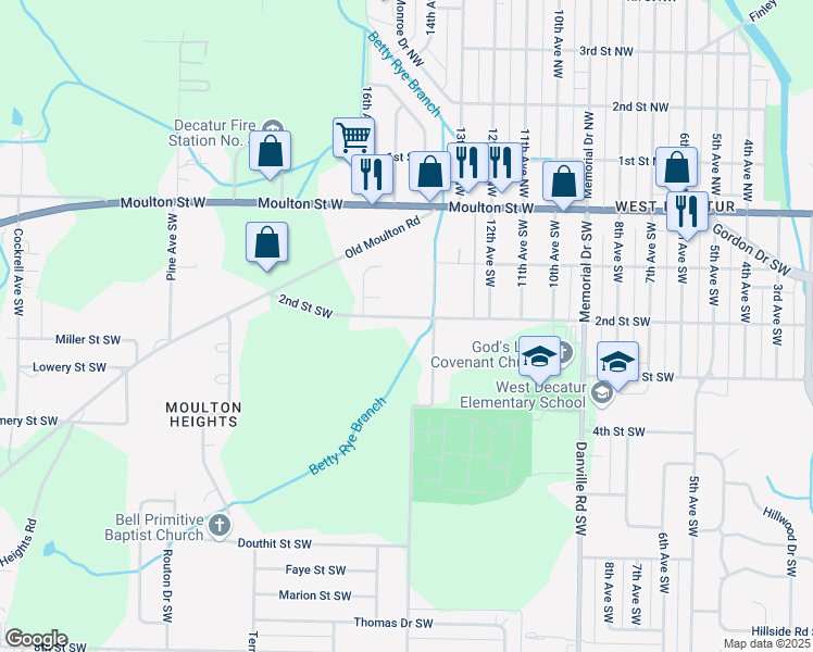 map of restaurants, bars, coffee shops, grocery stores, and more near 1227 2nd Street Southwest in Decatur