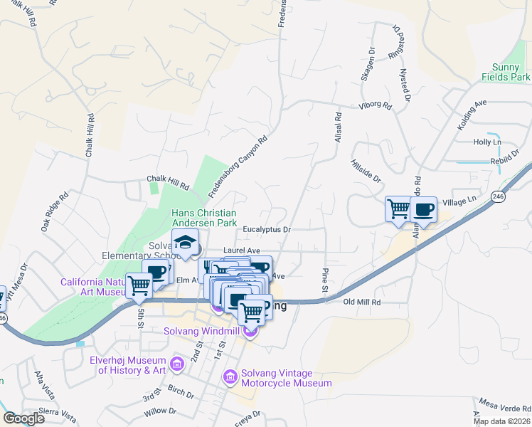 map of restaurants, bars, coffee shops, grocery stores, and more near 647 Roskilde Road in Solvang