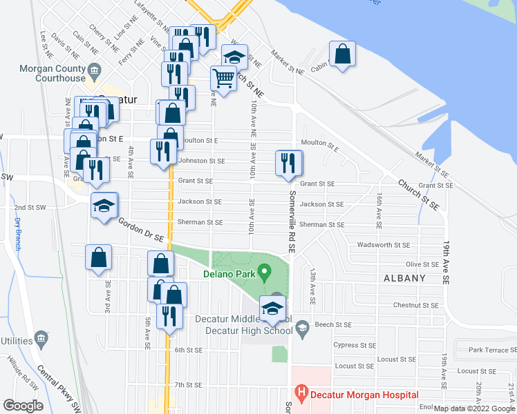 map of restaurants, bars, coffee shops, grocery stores, and more near 1009 Jackson Street Southeast in Decatur