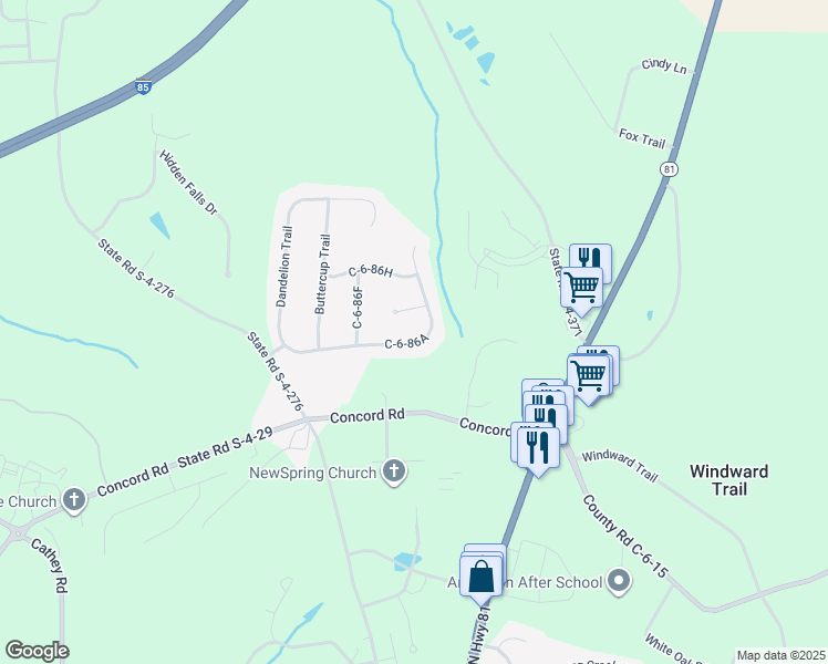 map of restaurants, bars, coffee shops, grocery stores, and more near 215 Dandelion Trail in Anderson