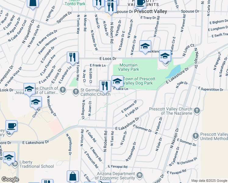 map of restaurants, bars, coffee shops, grocery stores, and more near 8300 East Dana Drive in Prescott Valley