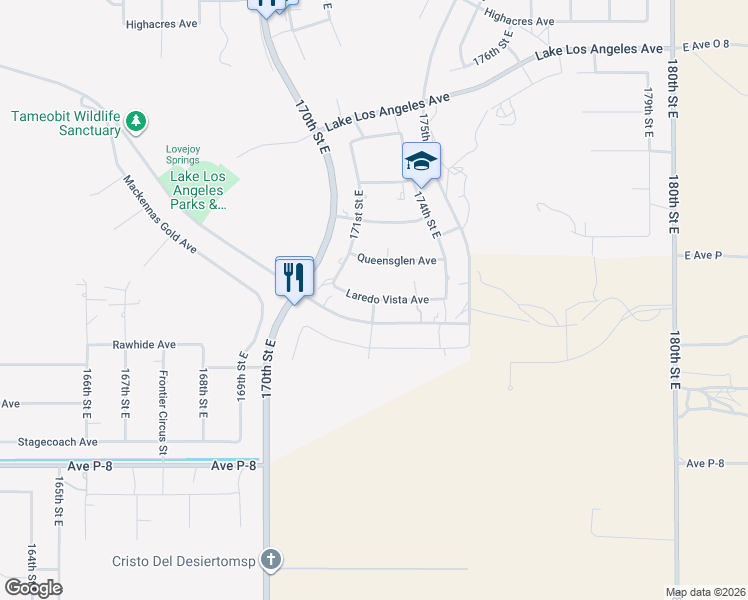 map of restaurants, bars, coffee shops, grocery stores, and more near 173rd Street East in Los Angeles County