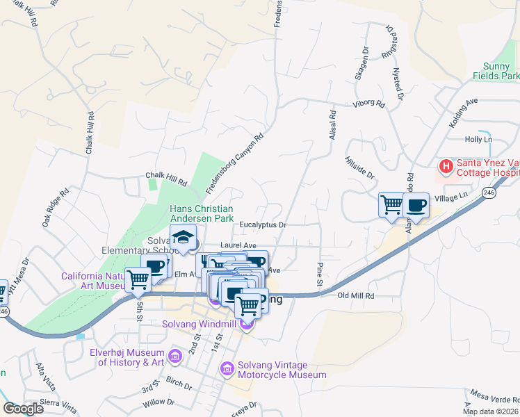 map of restaurants, bars, coffee shops, grocery stores, and more near 647 Roskilde Road in Solvang