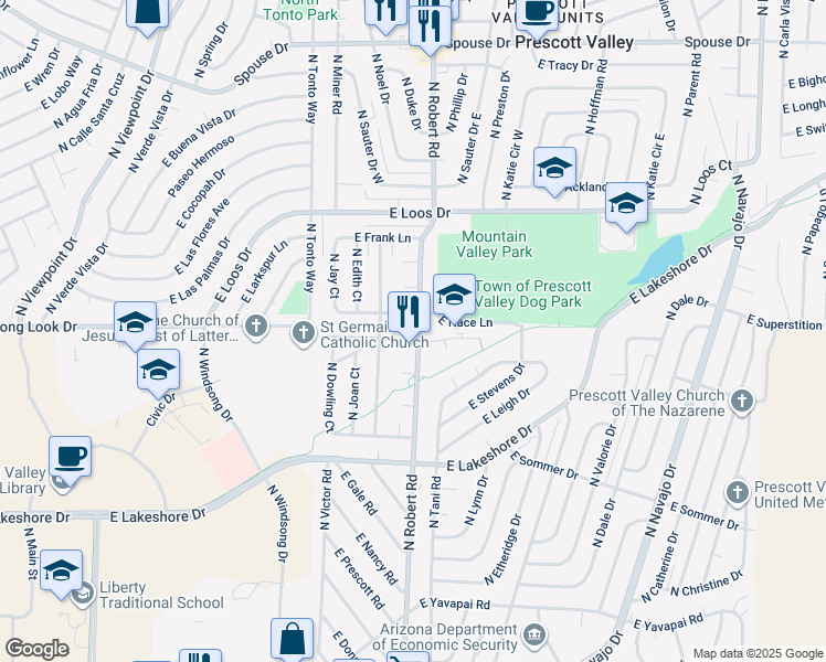 map of restaurants, bars, coffee shops, grocery stores, and more near 8200 East Dana Drive in Prescott Valley