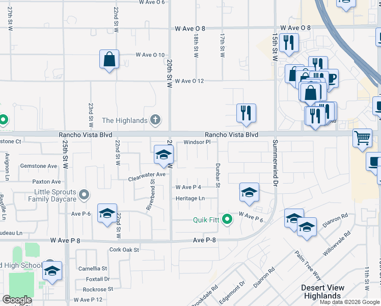 map of restaurants, bars, coffee shops, grocery stores, and more near 39543 Rowan Court in Palmdale