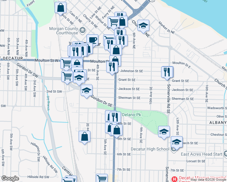 map of restaurants, bars, coffee shops, grocery stores, and more near 451 Jackson Street Southeast in Decatur
