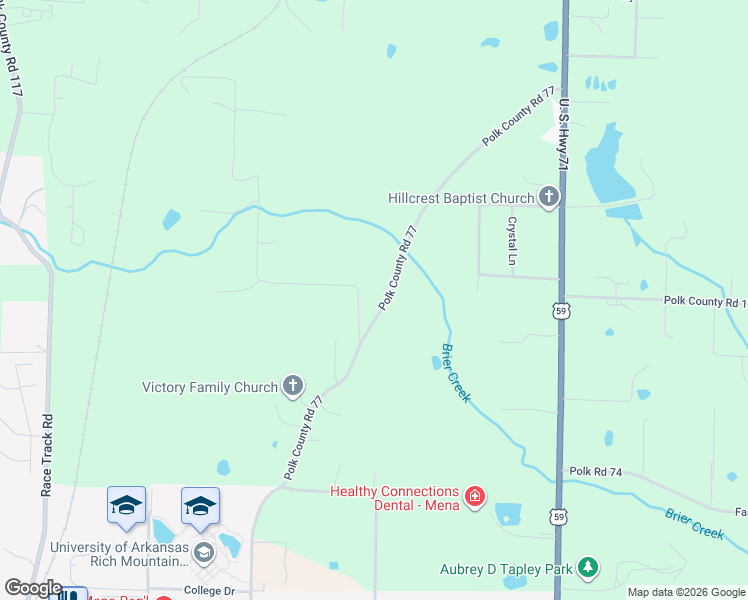 map of restaurants, bars, coffee shops, grocery stores, and more near 723 Polk County Road 77 in Mena