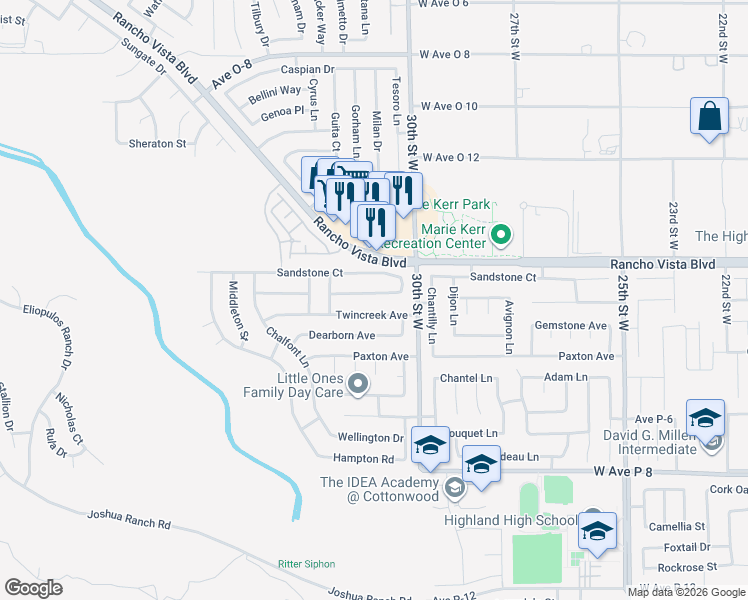 map of restaurants, bars, coffee shops, grocery stores, and more near 3058 Willowbrook Avenue in Palmdale