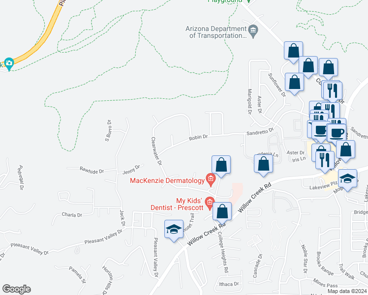 map of restaurants, bars, coffee shops, grocery stores, and more near 595 Robin Drive in Prescott