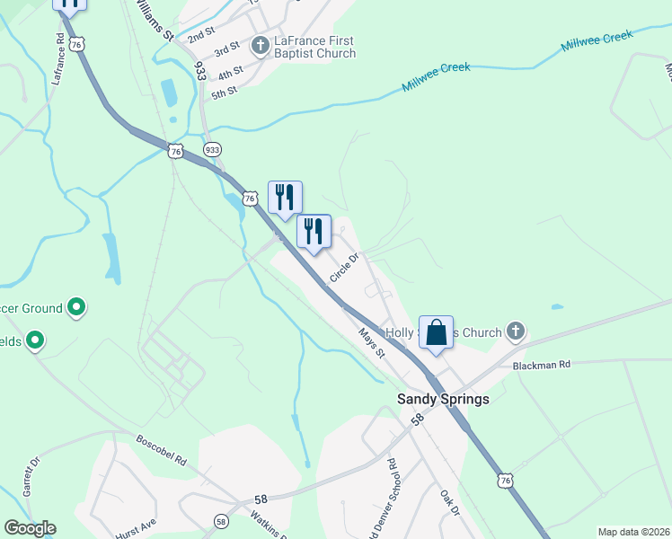map of restaurants, bars, coffee shops, grocery stores, and more near 101 Veranda Circle in Pendleton