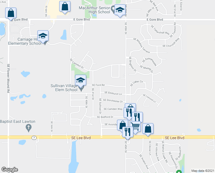 map of restaurants, bars, coffee shops, grocery stores, and more near 4207 Southeast Ford Road in Lawton