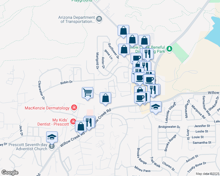 map of restaurants, bars, coffee shops, grocery stores, and more near 3266 Orchid Way in Prescott