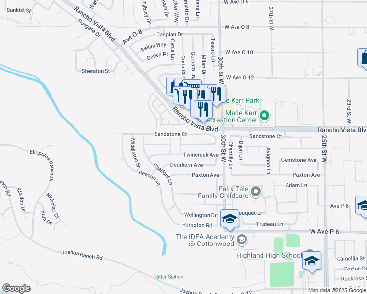 map of restaurants, bars, coffee shops, grocery stores, and more near 39518 Vicker Way in Palmdale
