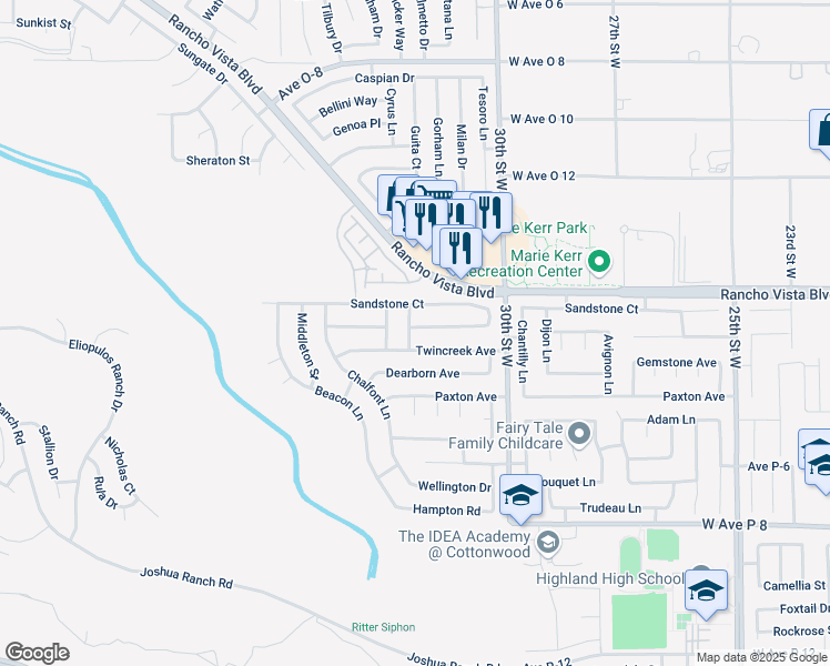 map of restaurants, bars, coffee shops, grocery stores, and more near 39518 Vicker Way in Palmdale