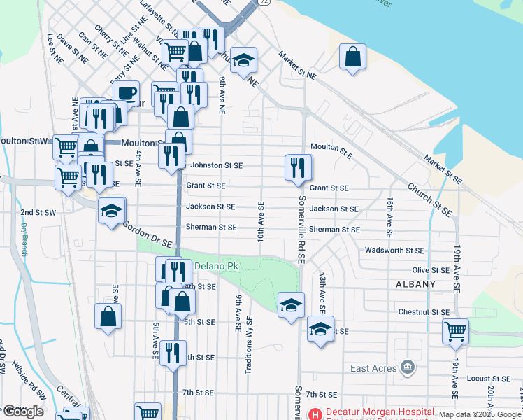 map of restaurants, bars, coffee shops, grocery stores, and more near 400 10th Avenue Southeast in Decatur