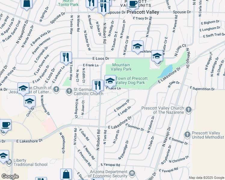 map of restaurants, bars, coffee shops, grocery stores, and more near 8300 East Dana Drive in Prescott Valley