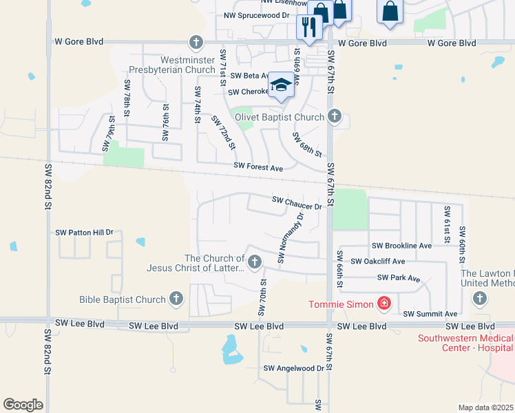 map of restaurants, bars, coffee shops, grocery stores, and more near 7017 Southwest Winchester Avenue in Lawton