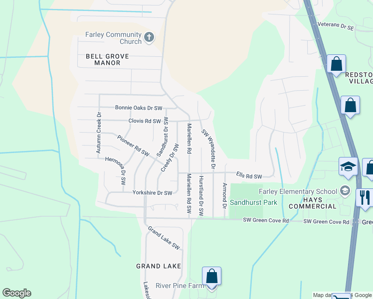 map of restaurants, bars, coffee shops, grocery stores, and more near 13920 Mariellen Road Southwest in Huntsville