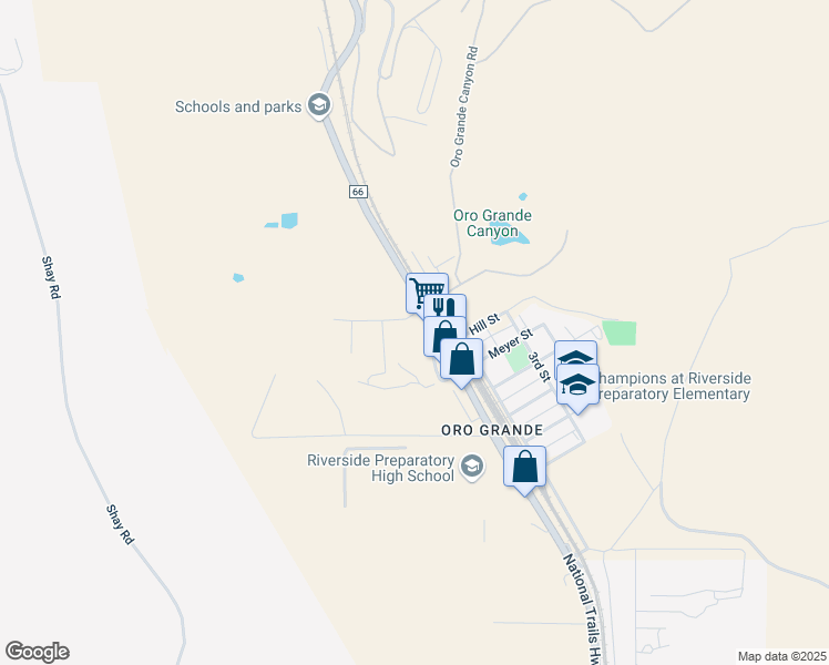 map of restaurants, bars, coffee shops, grocery stores, and more near 23454 National Trails Highway in Oro Grande