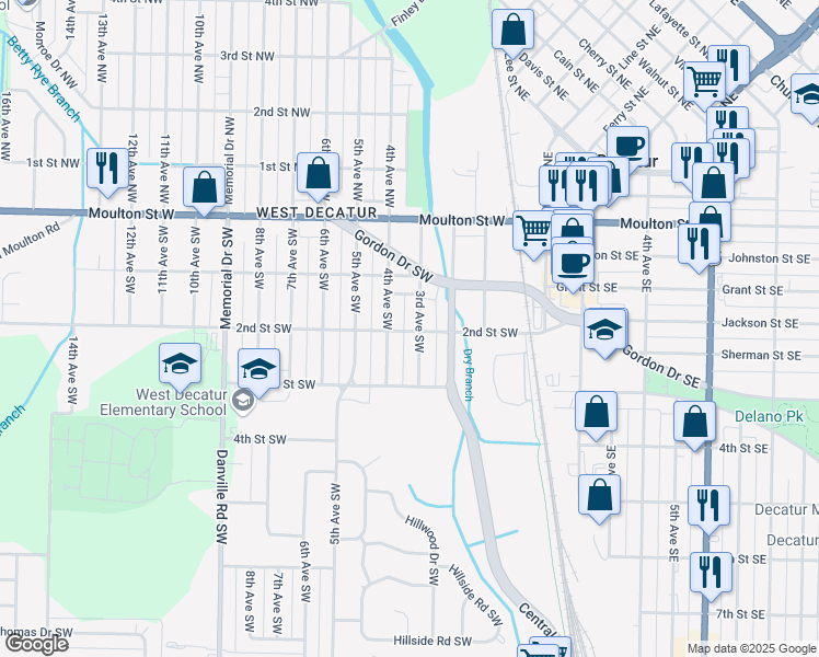 map of restaurants, bars, coffee shops, grocery stores, and more near 424 4th Avenue Southwest in Decatur