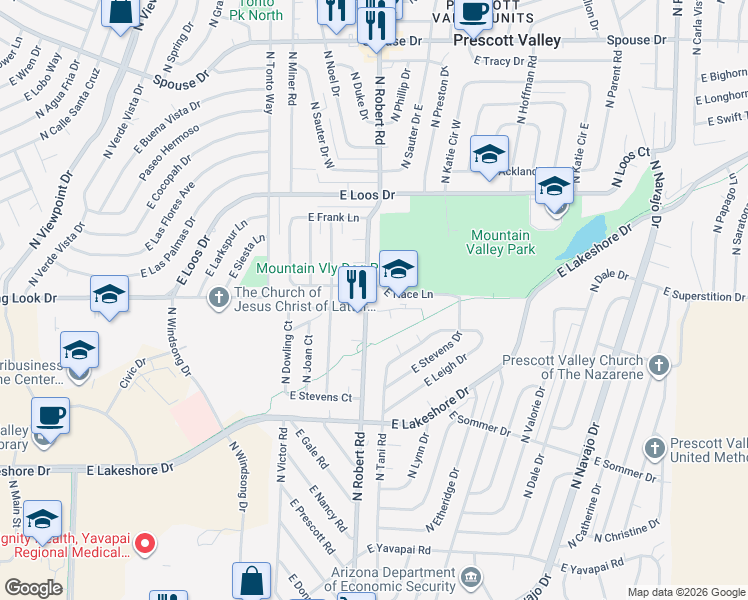 map of restaurants, bars, coffee shops, grocery stores, and more near 8200 East Dana Drive in Prescott Valley