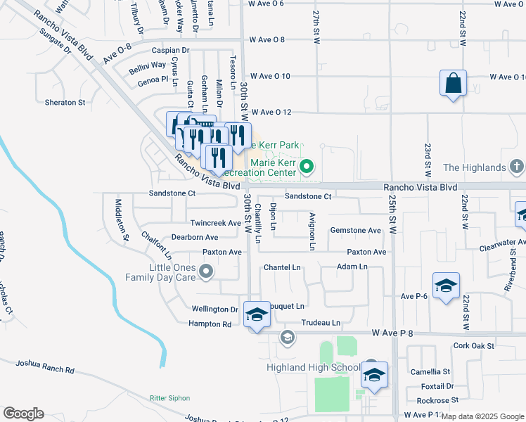 map of restaurants, bars, coffee shops, grocery stores, and more near 39520 Chantilly Lane in Palmdale