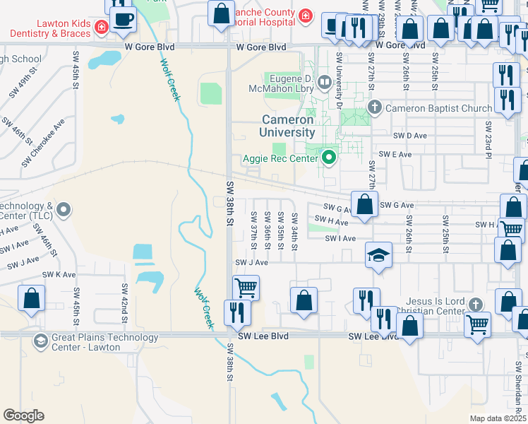 map of restaurants, bars, coffee shops, grocery stores, and more near 907 Southwest 36th Street in Lawton