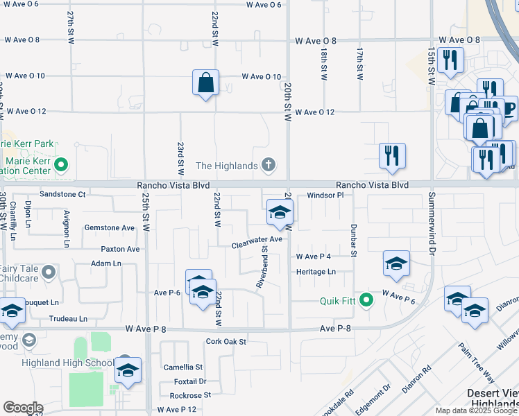map of restaurants, bars, coffee shops, grocery stores, and more near 51 Riverbend Street in Palmdale