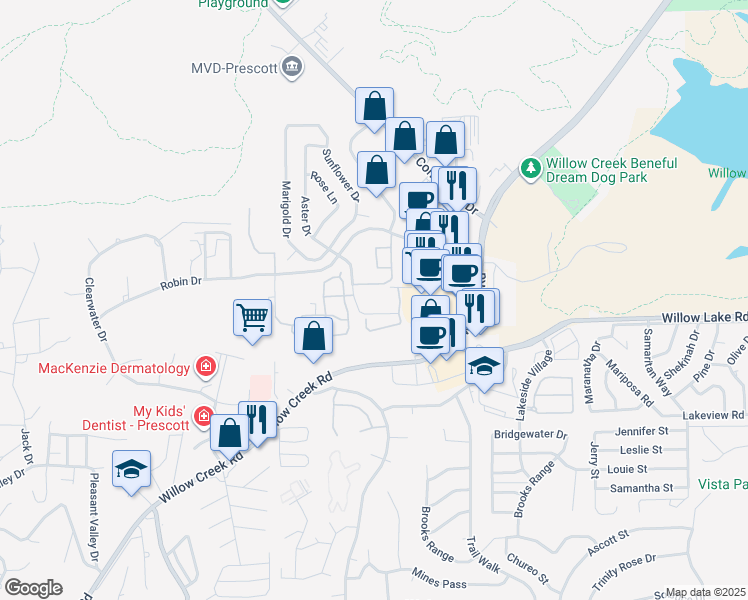 map of restaurants, bars, coffee shops, grocery stores, and more near 3191 Aster Drive in Prescott