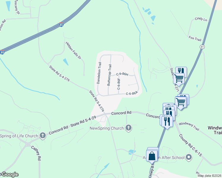 map of restaurants, bars, coffee shops, grocery stores, and more near 102 Buttercup Trail in Anderson