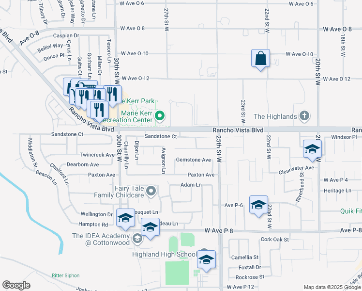 map of restaurants, bars, coffee shops, grocery stores, and more near 2635 Sycamore Lane in Palmdale